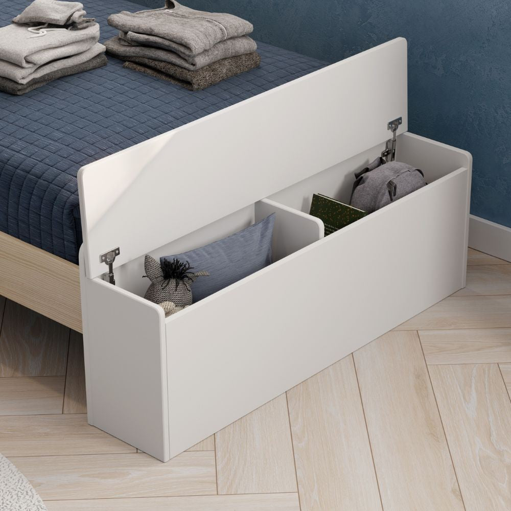 Letto singolo Odessa con testiera casetta e pediera contenitore in legno massiccio colore bianco