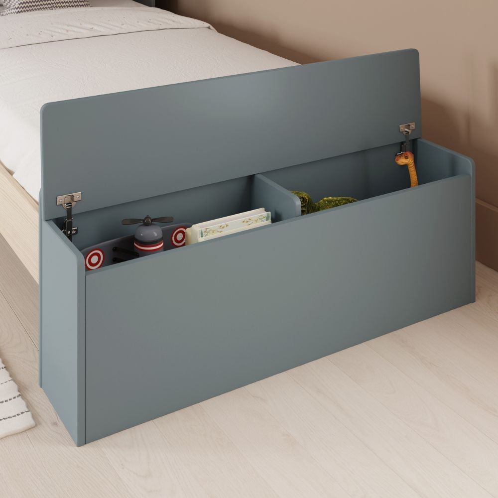 Letto singolo Odessa con testiera casetta e pediera contenitore in legno massiccio colore verde cachi e pino