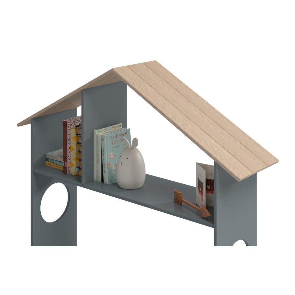 Letto singolo Odessa con testiera casetta e pediera contenitore in legno massiccio colore verde cachi e pino