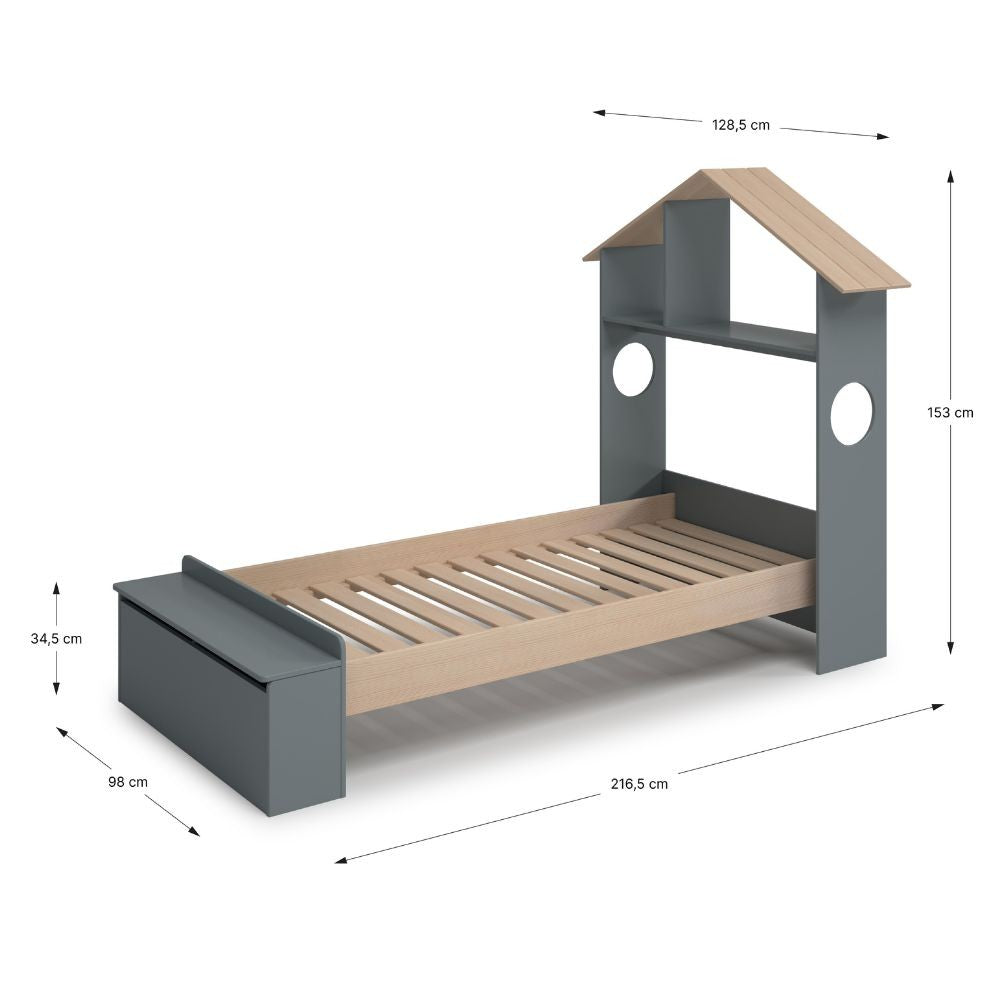 Letto singolo Odessa con testiera casetta e pediera contenitore in legno massiccio colore verde cachi e pino