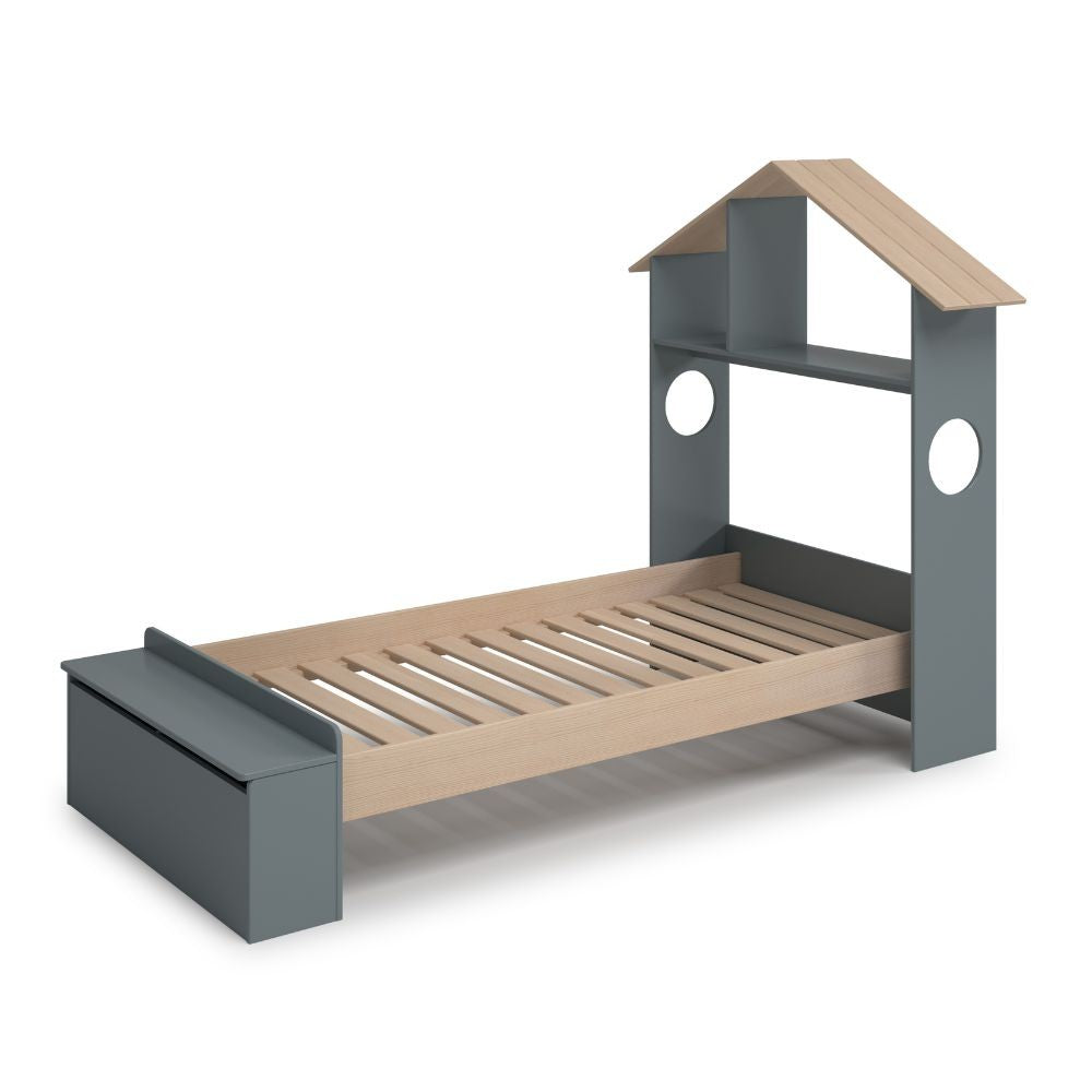Letto singolo Odessa con testiera casetta e pediera contenitore in legno massiccio colore verde cachi e pino
