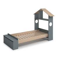 Letto singolo Odessa con testiera casetta e pediera contenitore in legno massiccio colore verde cachi e pino