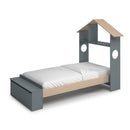 Letto singolo Odessa con testiera casetta e pediera contenitore in legno massiccio colore verde cachi e pino