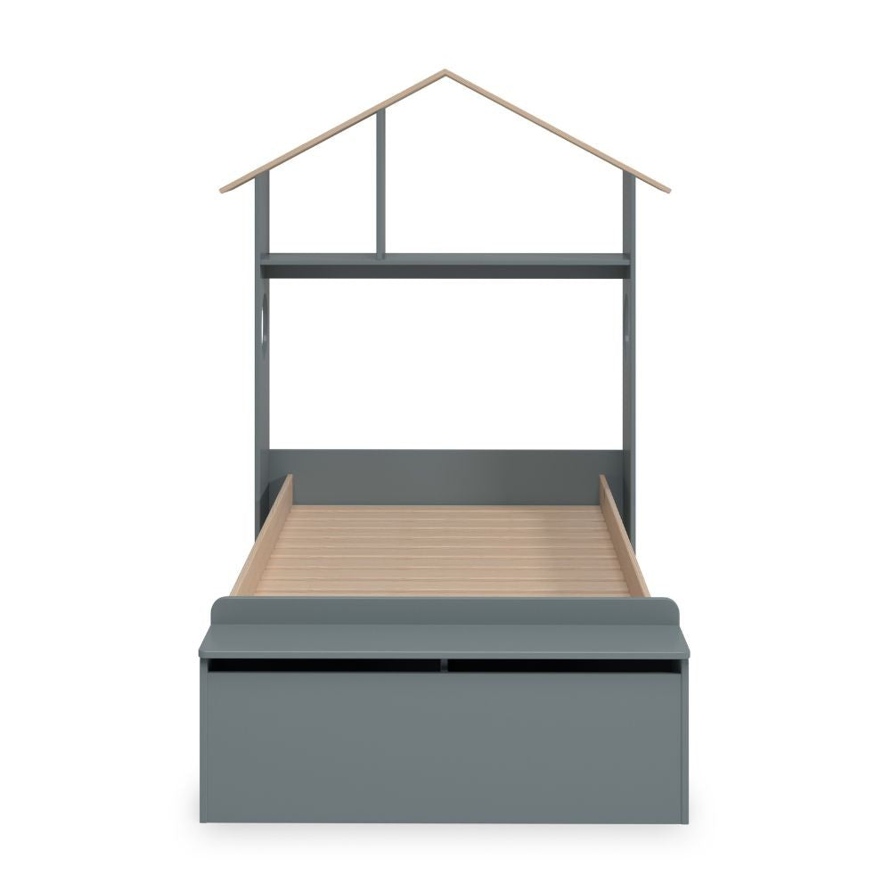 Letto singolo Odessa con testiera casetta e pediera contenitore in legno massiccio colore verde cachi e pino