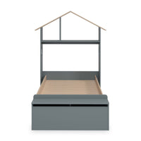Letto singolo Odessa con testiera casetta e pediera contenitore in legno massiccio colore verde cachi e pino