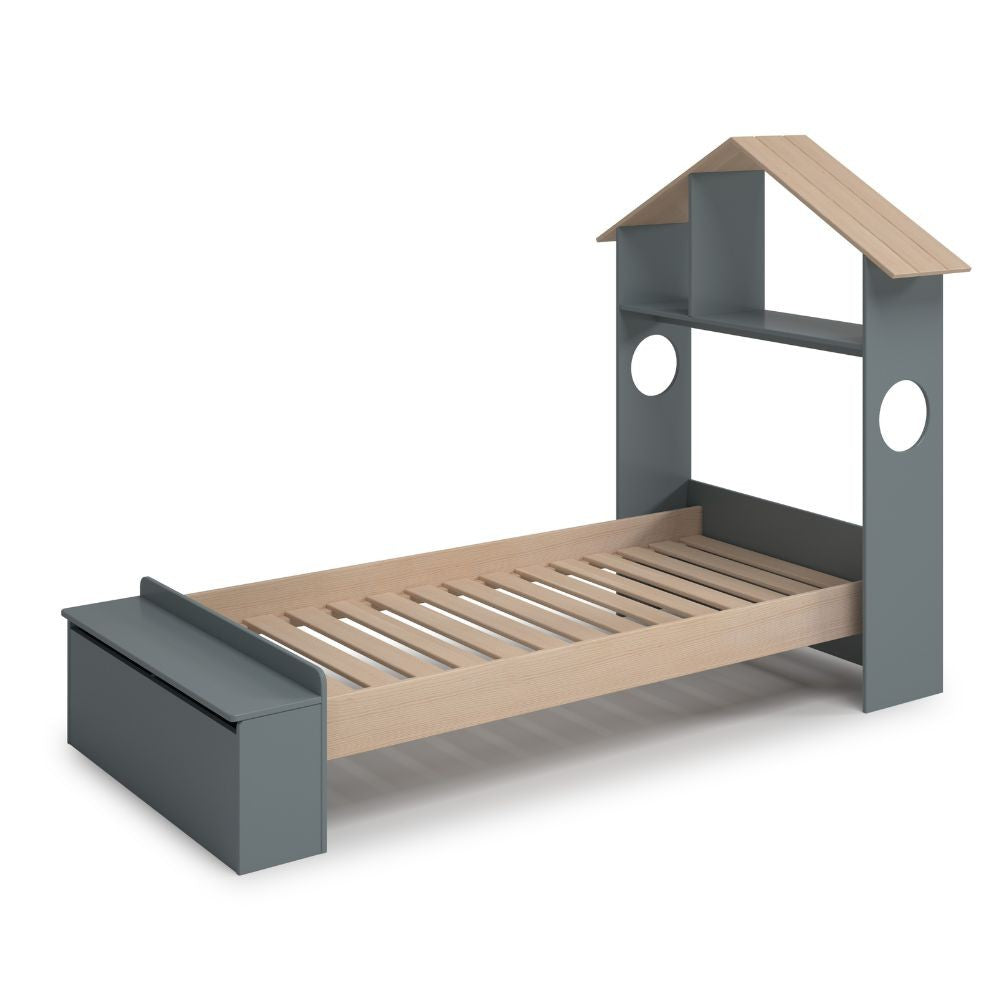 Letto singolo Odessa con testiera casetta e pediera contenitore in legno massiccio colore verde cachi e pino