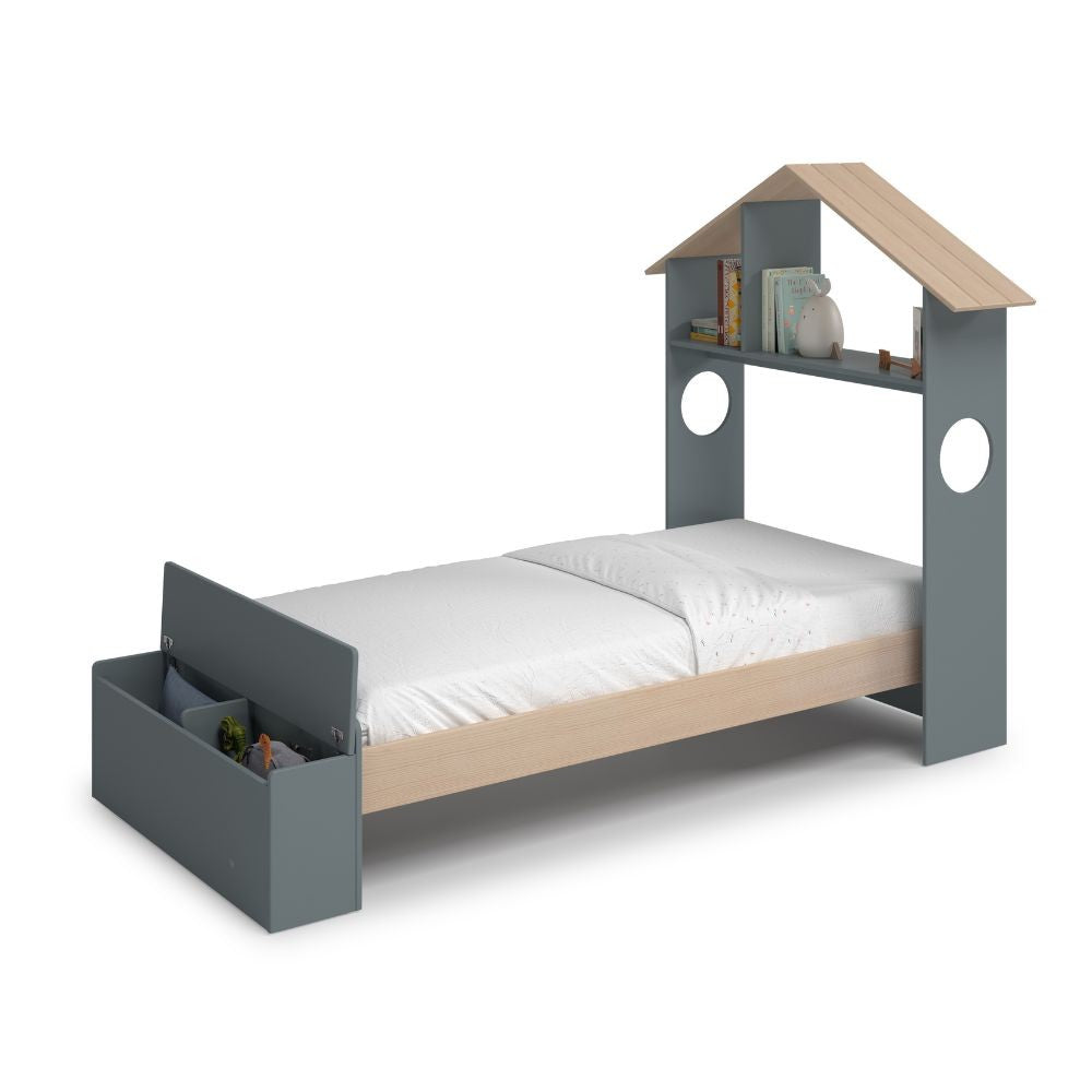 Letto singolo Odessa con testiera casetta e pediera contenitore in legno massiccio colore verde cachi e pino