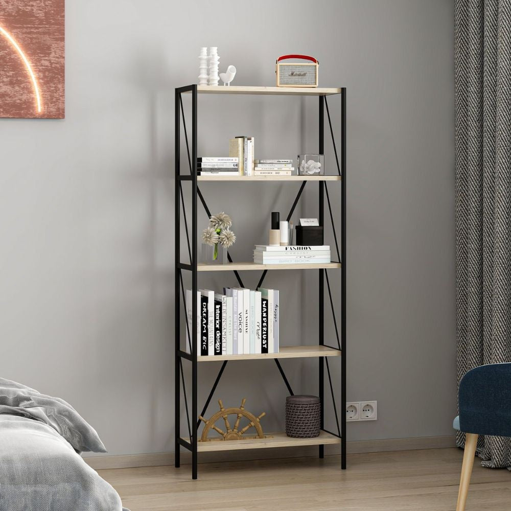 Libreria Axel con struttura in metallo nero e 5 mensole in rovere sonoma