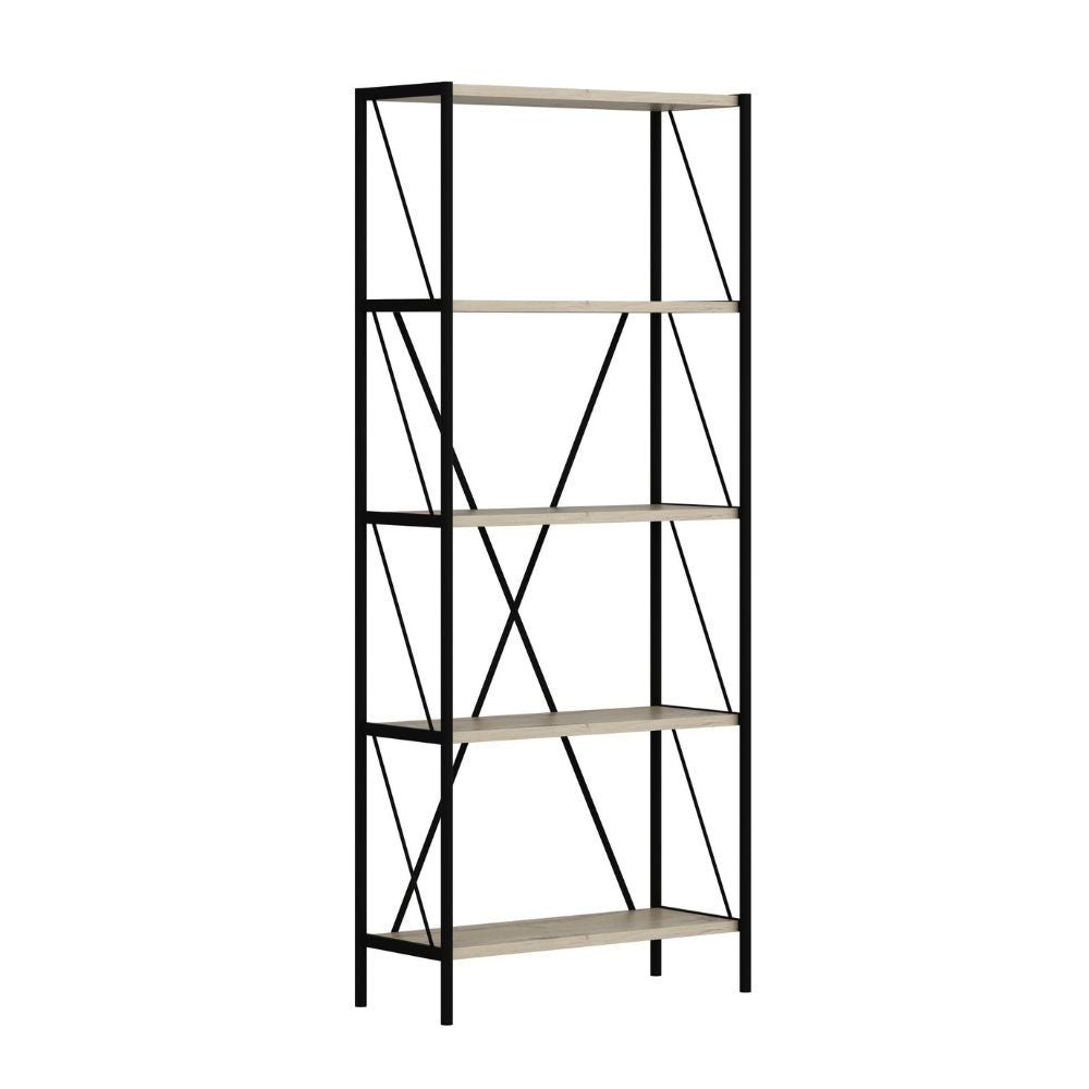 Libreria Axel con struttura in metallo nero e 5 mensole in rovere sonoma