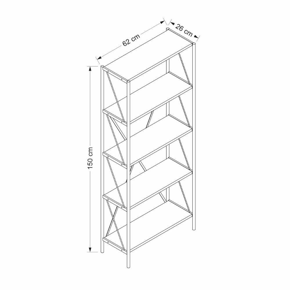 Libreria Axel con struttura in metallo nero e 5 mensole in rovere sonoma