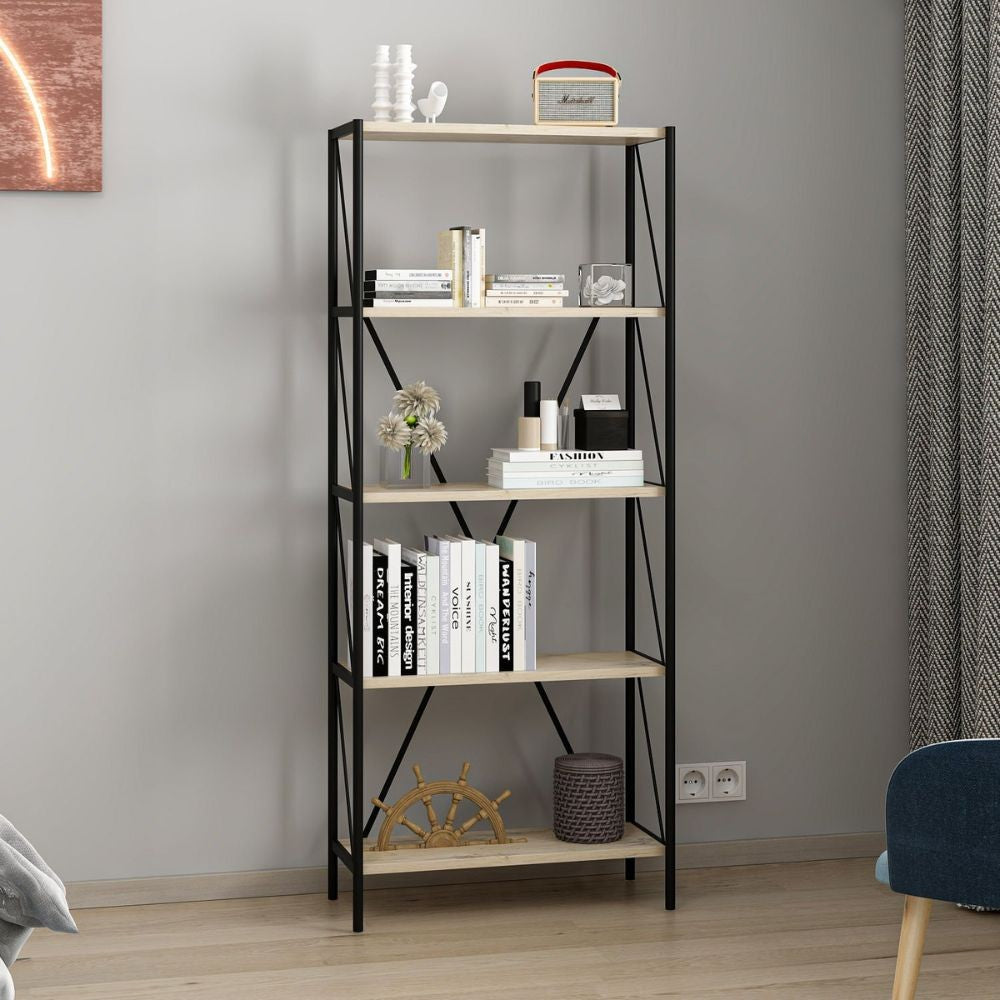 Libreria Axel con struttura in metallo nero e 5 mensole in rovere sonoma