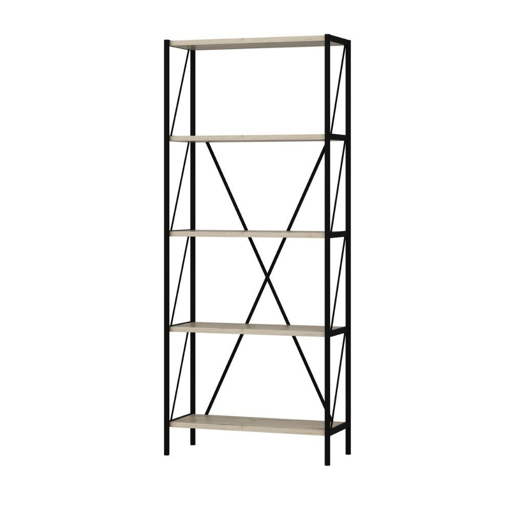 Libreria Axel con struttura in metallo nero e 5 mensole in rovere sonoma