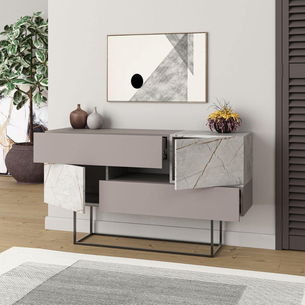 Madia Eros con due cassetti in light mocha e due ante lagina effetto marmo grigio opaco