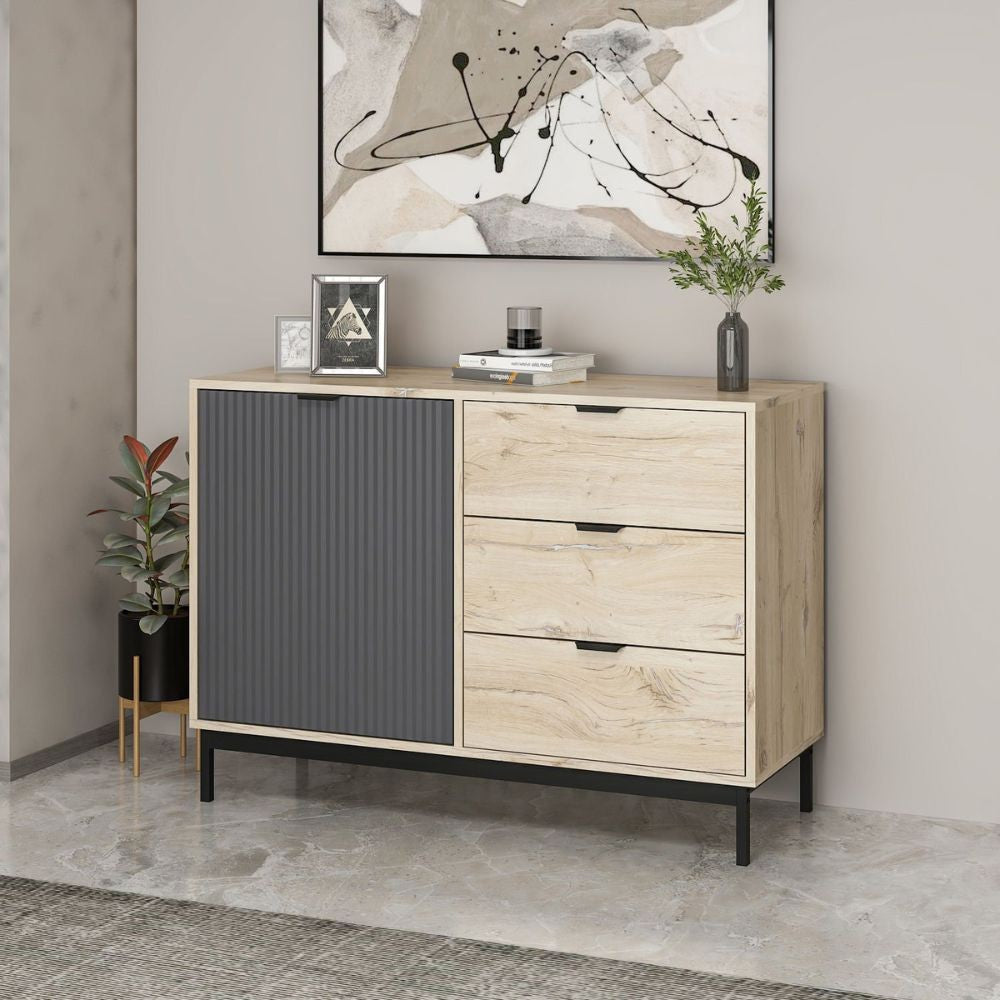 Madia Esta 120 cm. con anta antracite effetto cannettato e 3 cassetti rovere sonoma