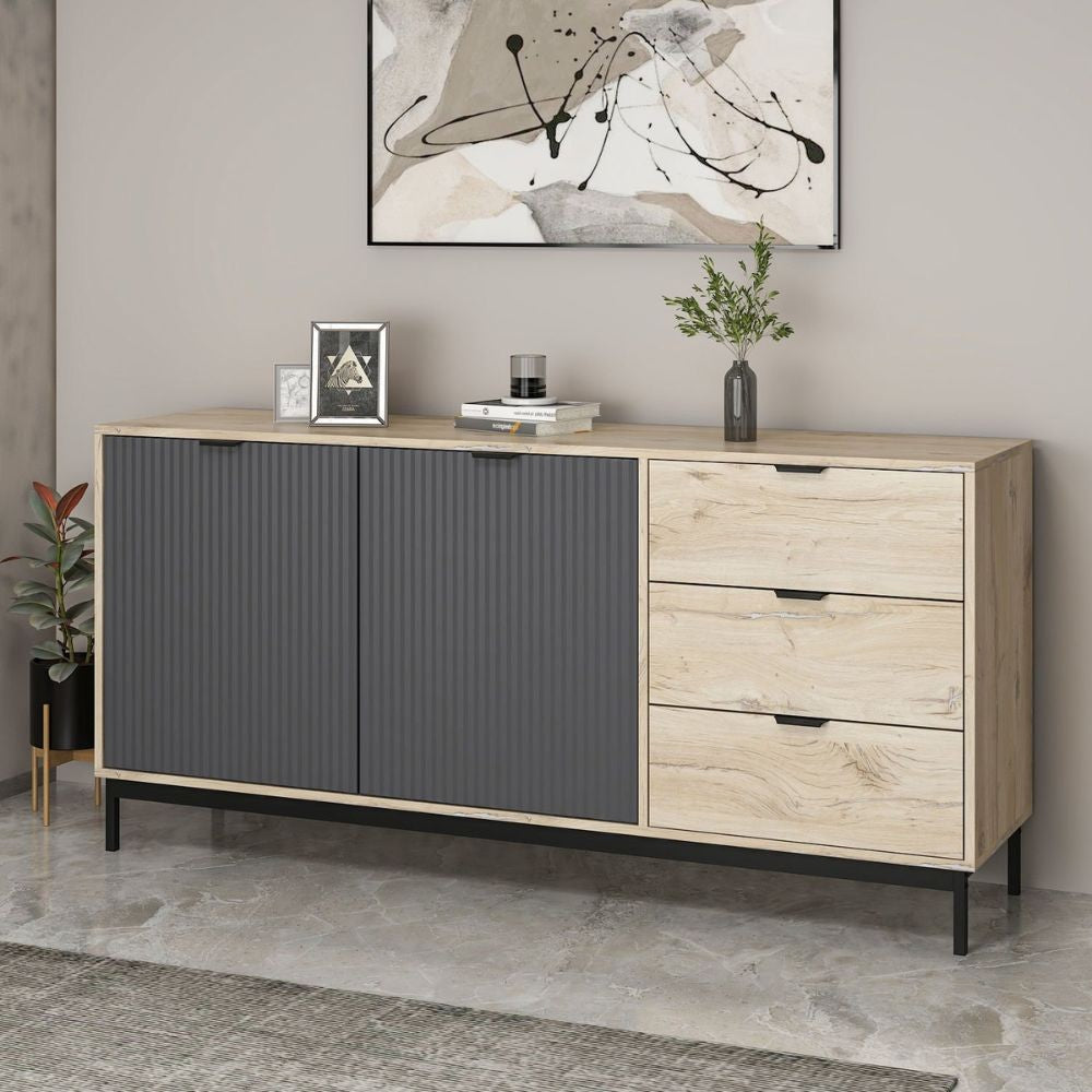 Madia Esta 180 con 2 ante colore antracite effetto cannettato e 3 cassetti rovere sonoma