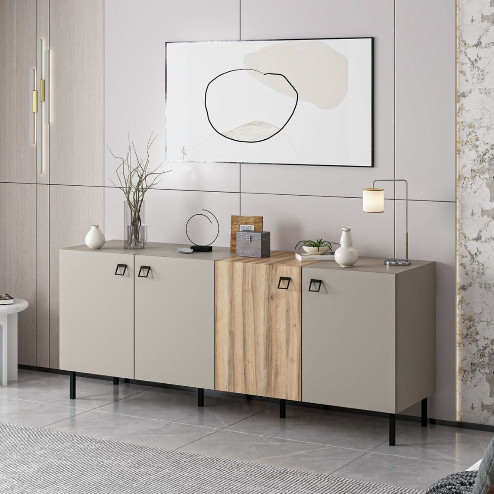 Madia Mila con 3 ante cashmere e 1 anta rovere con maniglie e piedini neri