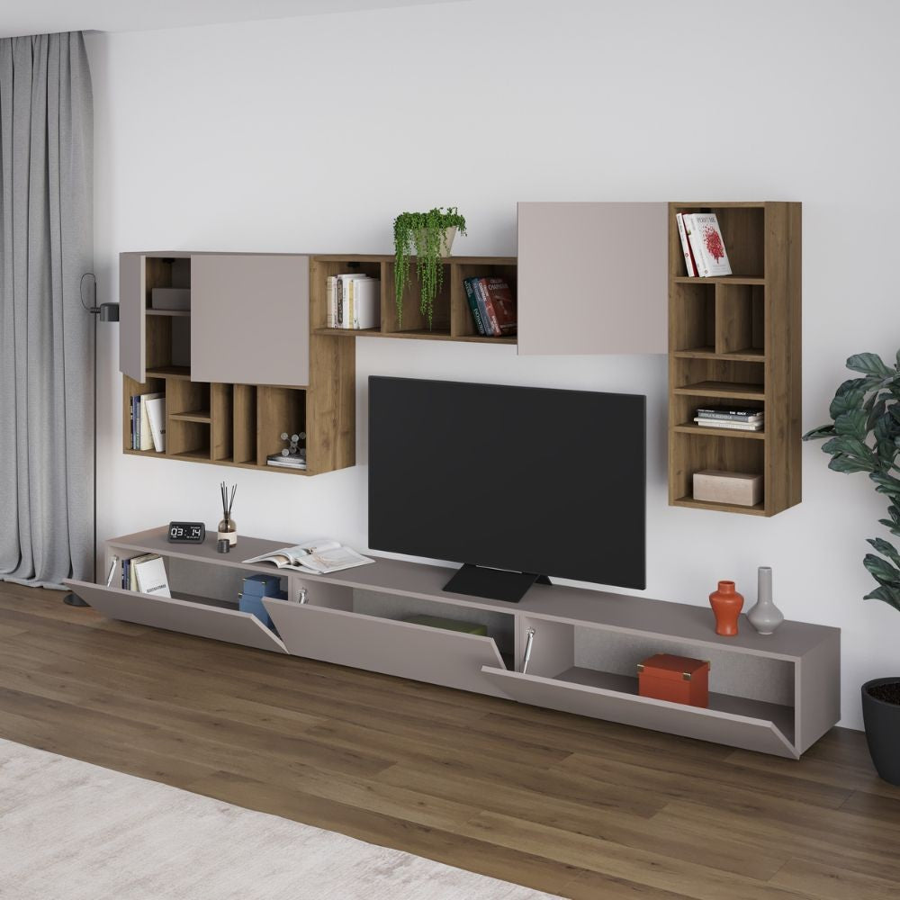 Parete attrezzata Big colore light mocha e hitit noce H 192x32.50x300 cm