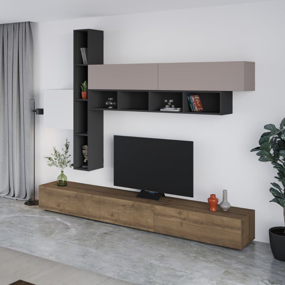 Parete attrezzata Fashion base colore hitit noce e pensili antracite, bianco e light mocha  H 205x40x275 cm.