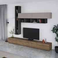 Parete attrezzata Fashion base colore hitit noce e pensili antracite, bianco e light mocha  H 205x40x275 cm.