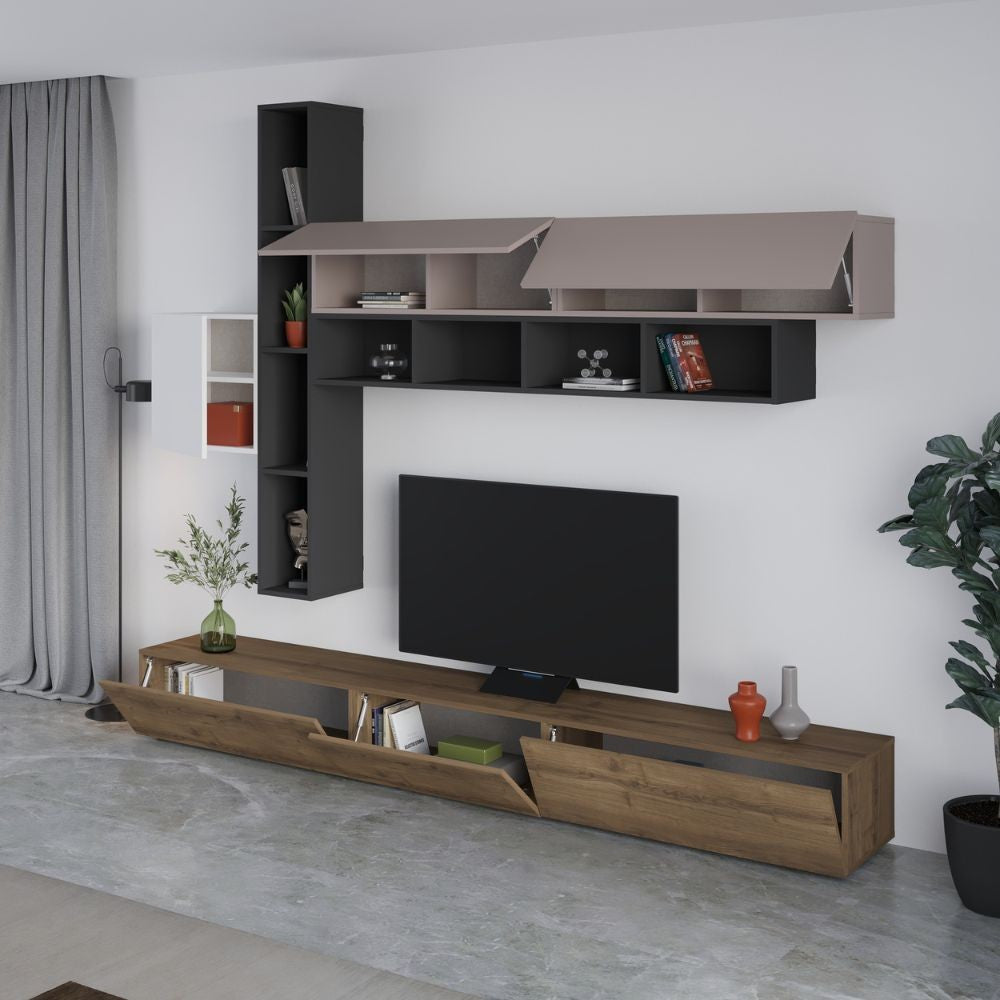 Parete attrezzata Fashion base colore hitit noce e pensili antracite, bianco e light mocha  H 205x40x275 cm.
