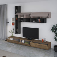 Parete attrezzata Fashion base colore hitit noce e pensili antracite, bianco e light mocha  H 205x40x275 cm.