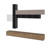 Parete attrezzata Fashion base colore hitit noce e pensili antracite, bianco e light mocha  H 205x40x275 cm.