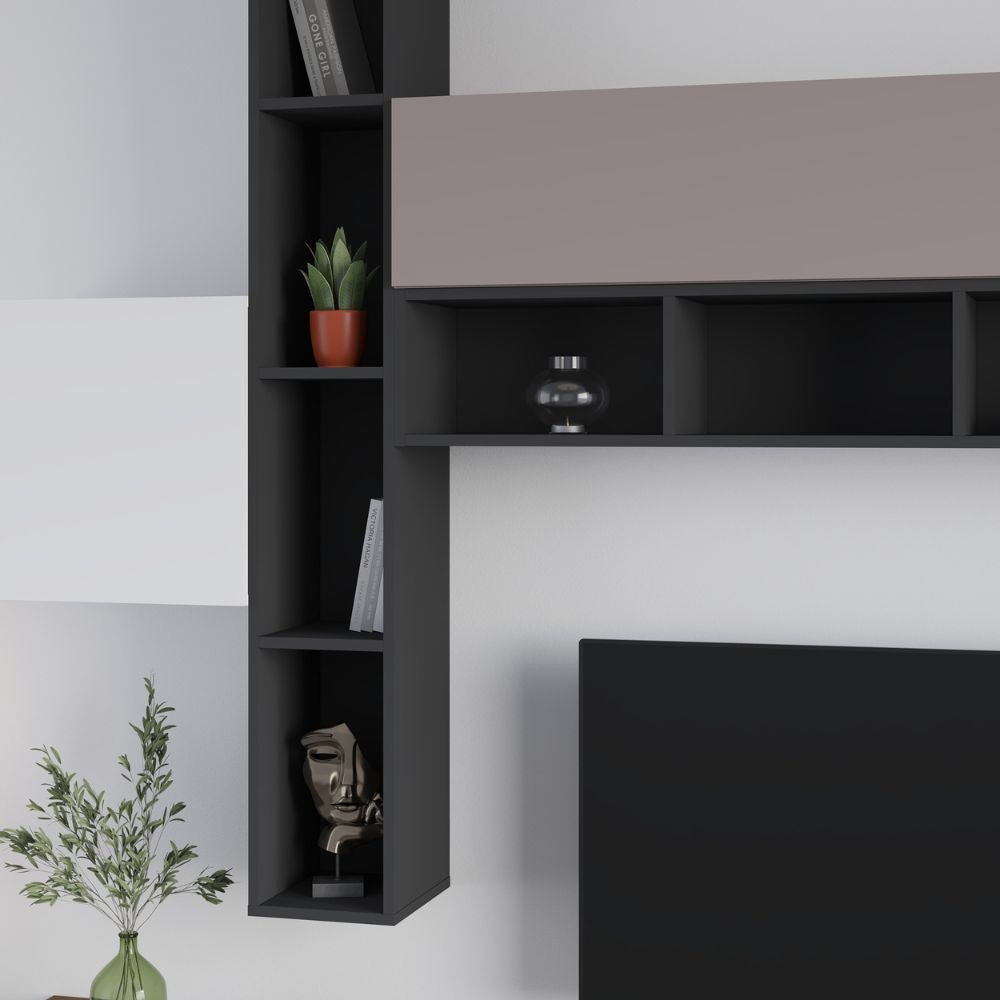 Parete attrezzata Fashion base colore hitit noce e pensili antracite, bianco e light mocha  H 205x40x275 cm.