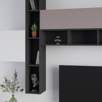 Parete attrezzata Fashion base colore hitit noce e pensili antracite, bianco e light mocha  H 205x40x275 cm.