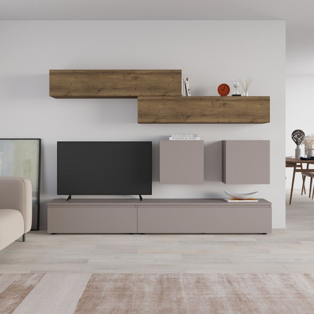 Parete attrezzata Licia in light mocha e hitit noce H 186x40x250 cm.