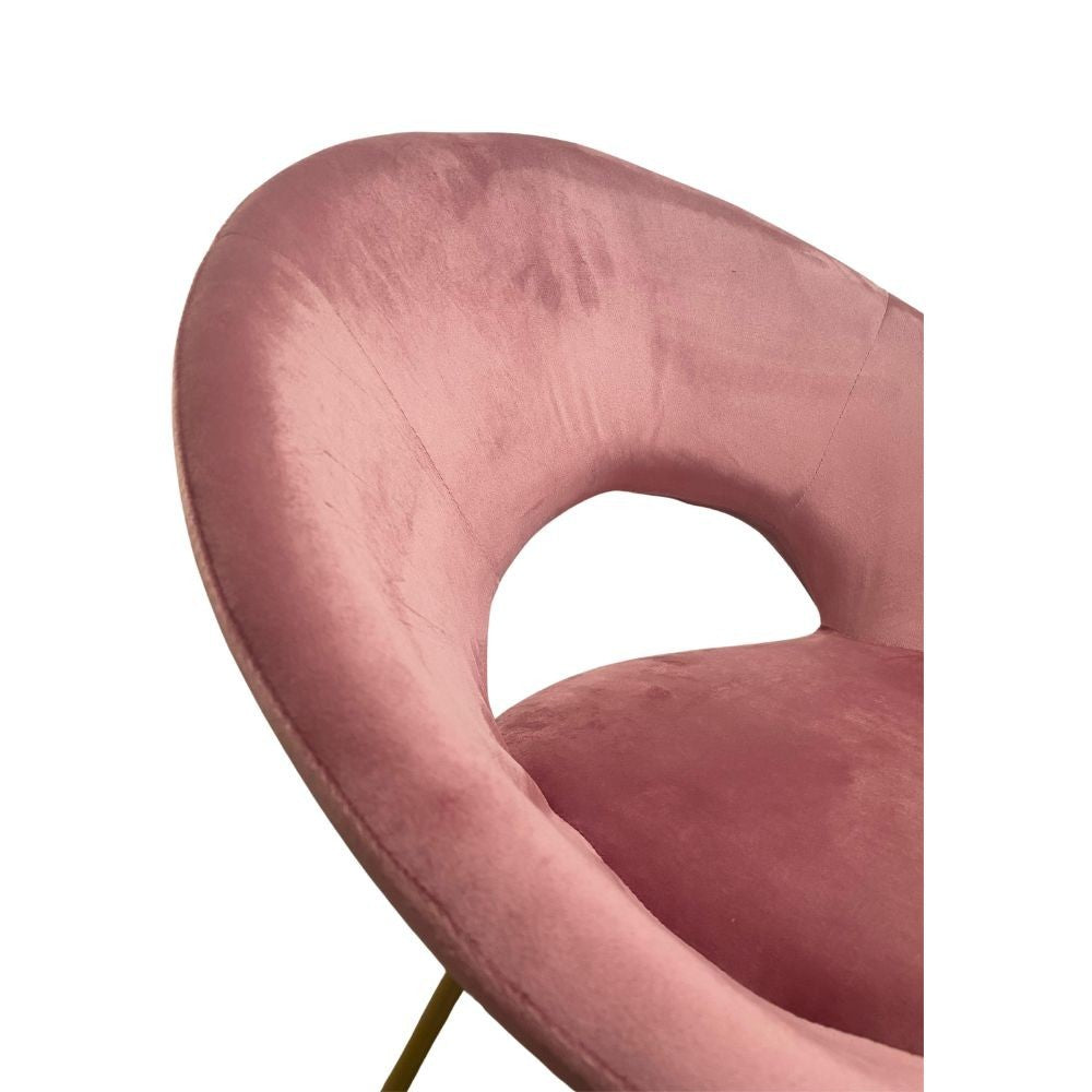 Poltroncina Etere in velluto rosa con gambe in metallo dorato