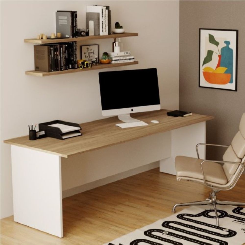 Scrivania Ibisco 200 cm. con struttura bianco frassinato e piano noce naturale
