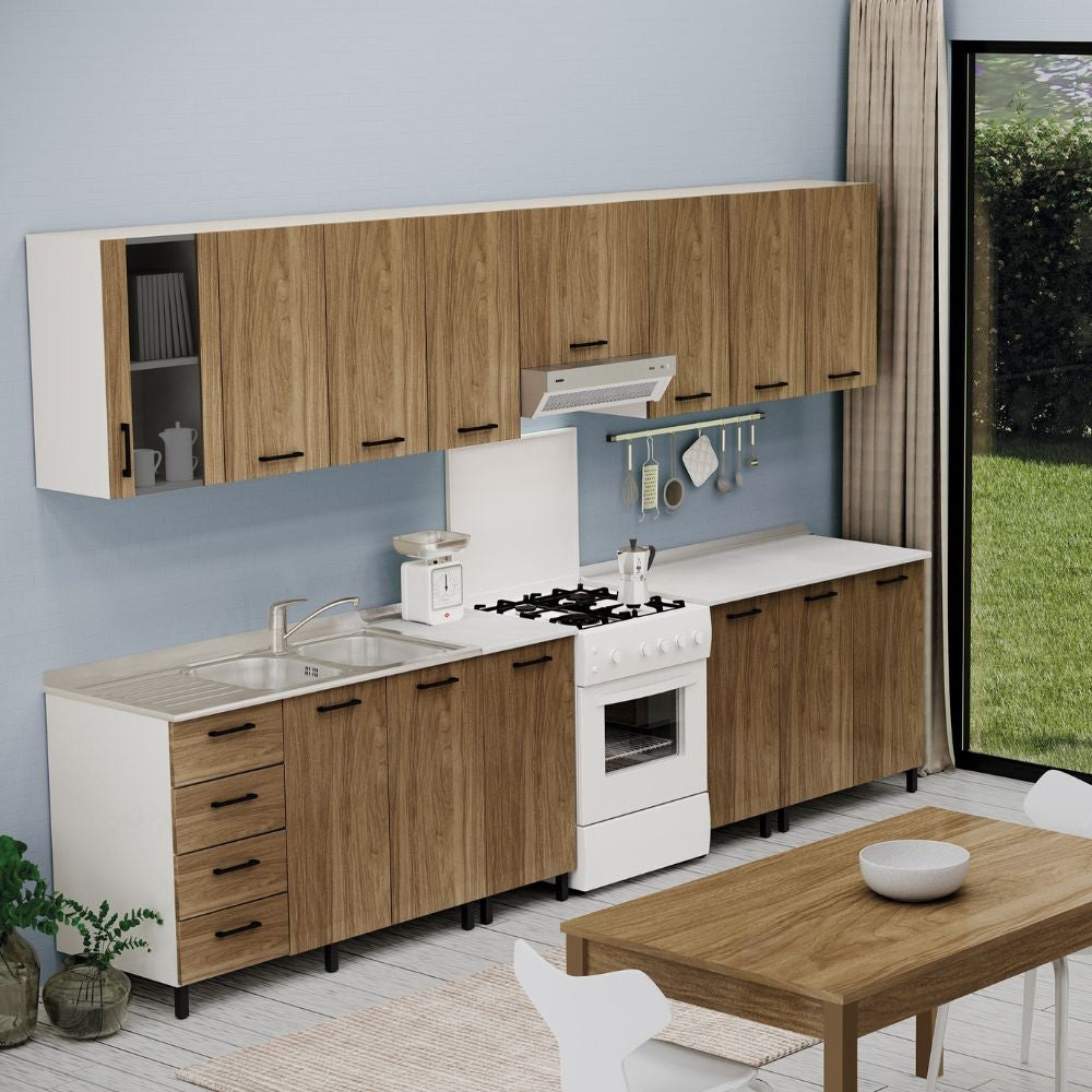 Sottolavello reversibile120 cm con struttura bianca e 3 ante noce naturale lavello incluso