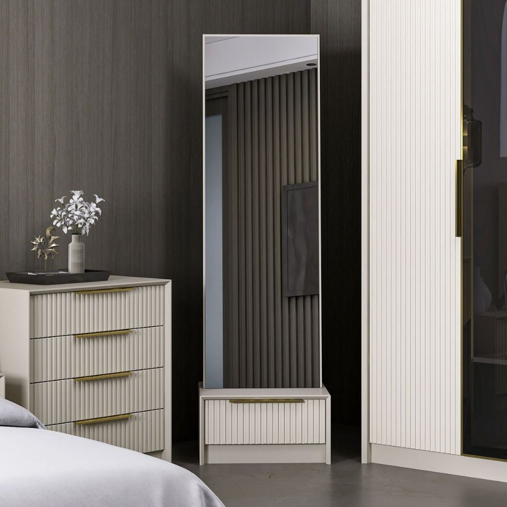 Specchio con base cassetto Kale colore cashmere effetto cannettato