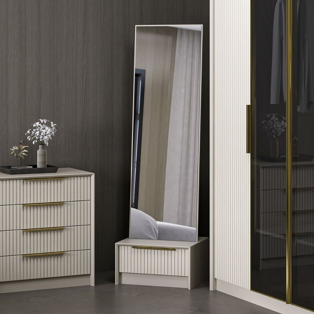 Specchio con base cassetto Kale colore cashmere effetto cannettato