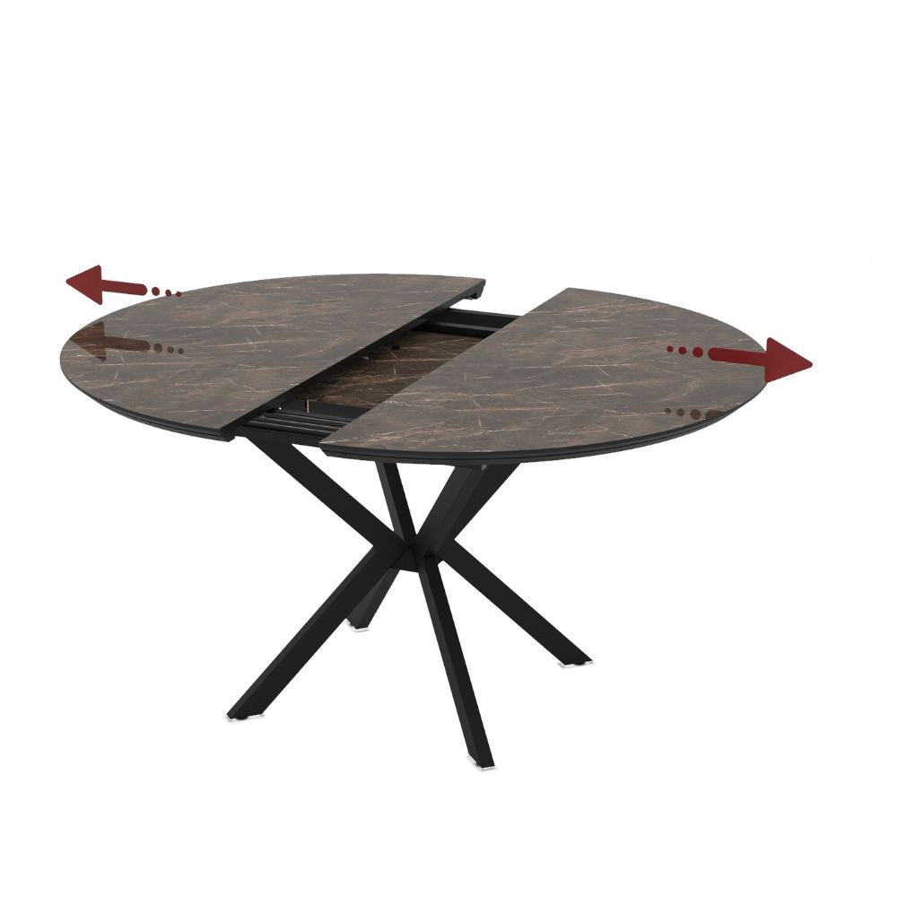 Tavolo allungabile Dobok con allunga 34 cm colore piano effetto marmo brown lucido e gambe in metallo nero