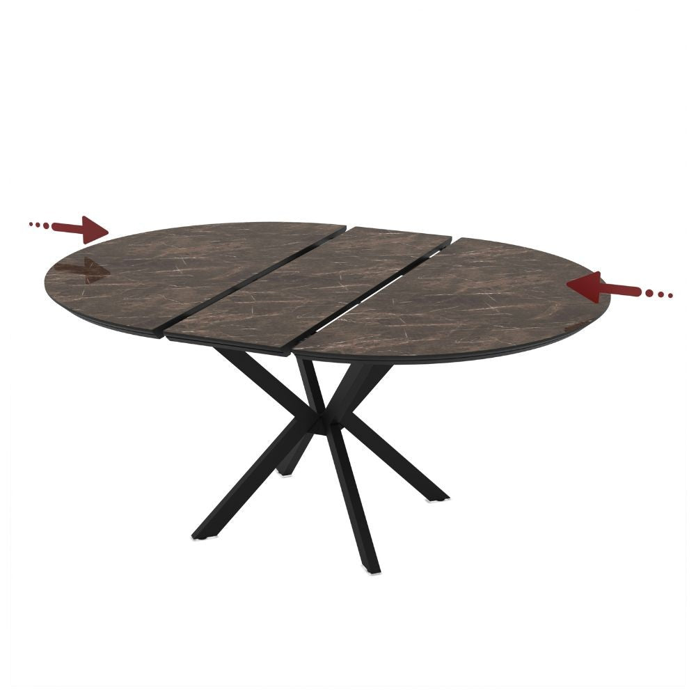 Tavolo allungabile Dobok con allunga 34 cm colore piano effetto marmo brown lucido e gambe in metallo nero