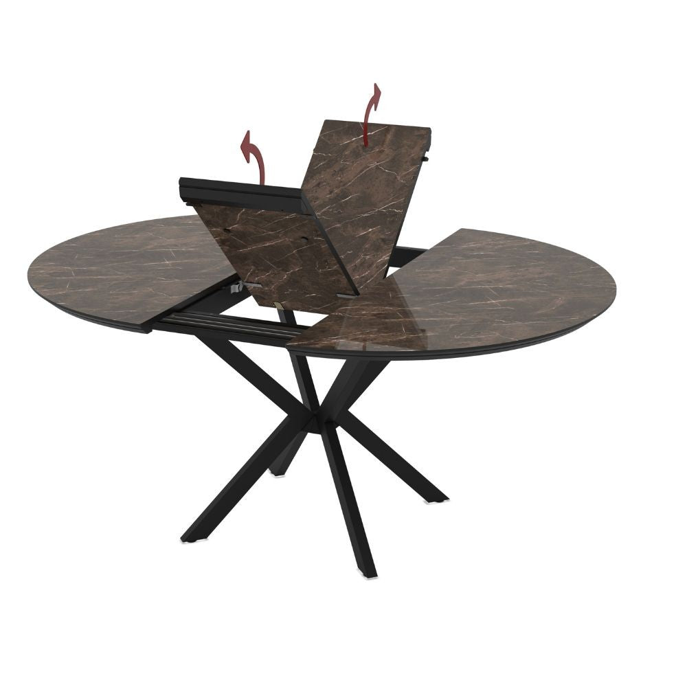 Tavolo allungabile Dobok con allunga 34 cm colore piano effetto marmo brown lucido e gambe in metallo nero