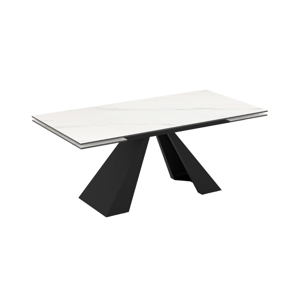 Tavolo allungabile Monza con top in ceramica effetto marmo bianco e gambe nere