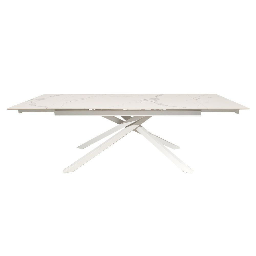Tavolo allungabile Nefti con top in ceramica colore bianco statuario lucido con gambe bianche