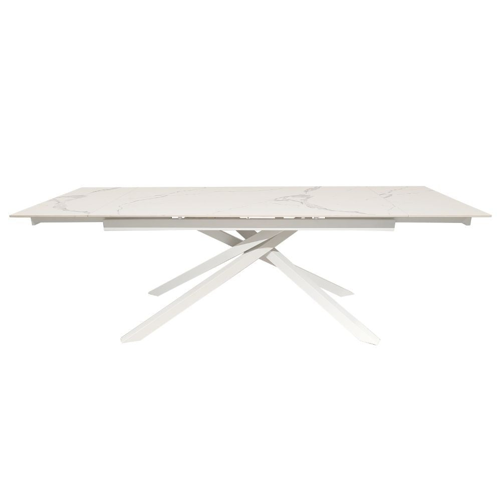 Tavolo allungabile Nefti con top in ceramica colore bianco statuario lucido con gambe bianche