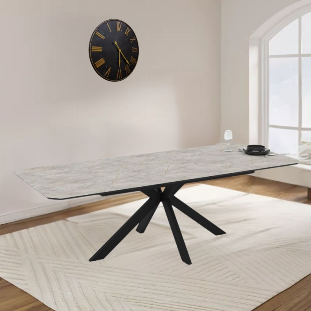Tavolo allungabile Opera in piano lagina effetto marmo grigio opaco e struttura in metallo nero