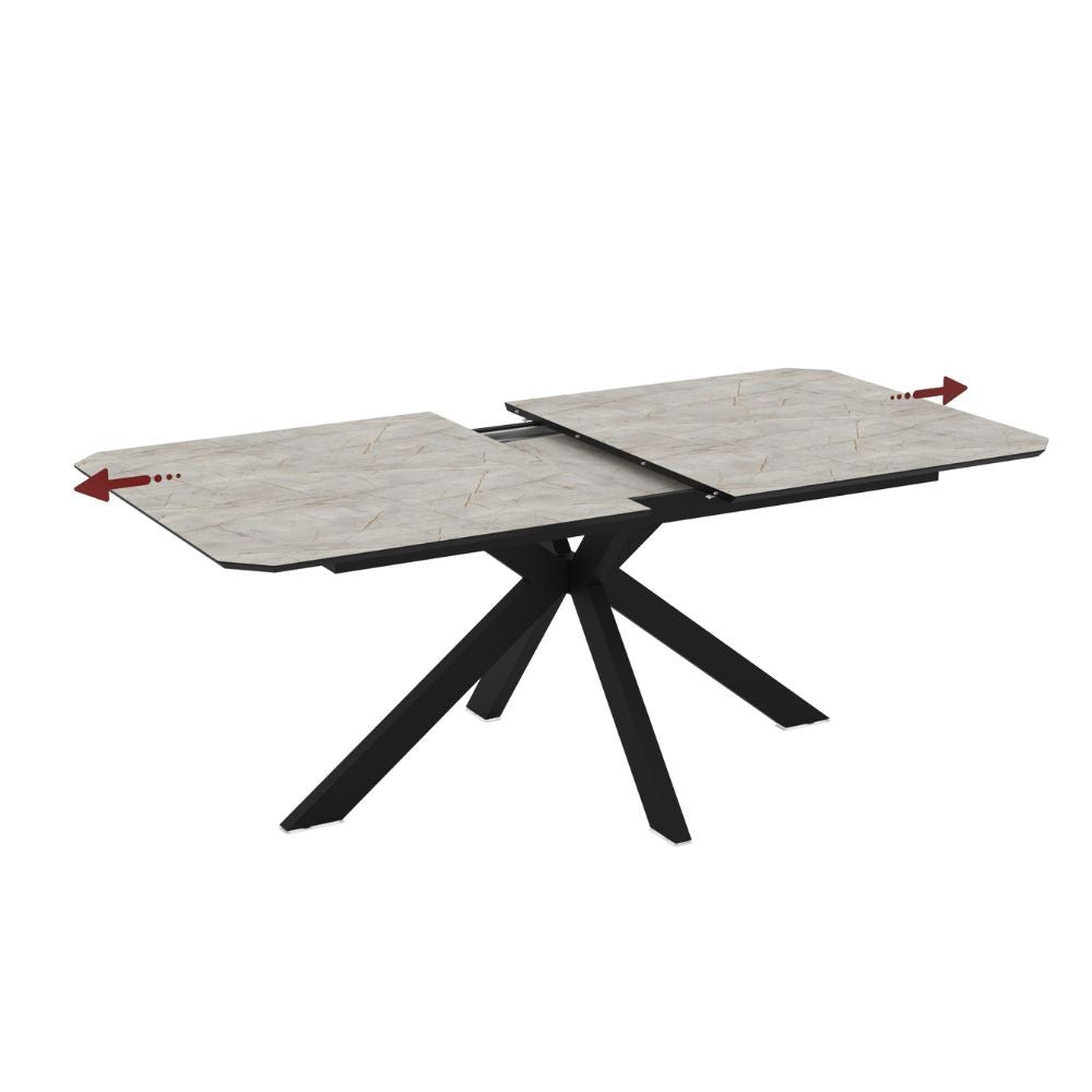 Tavolo allungabile Opera in piano lagina effetto marmo grigio opaco e struttura in metallo nero