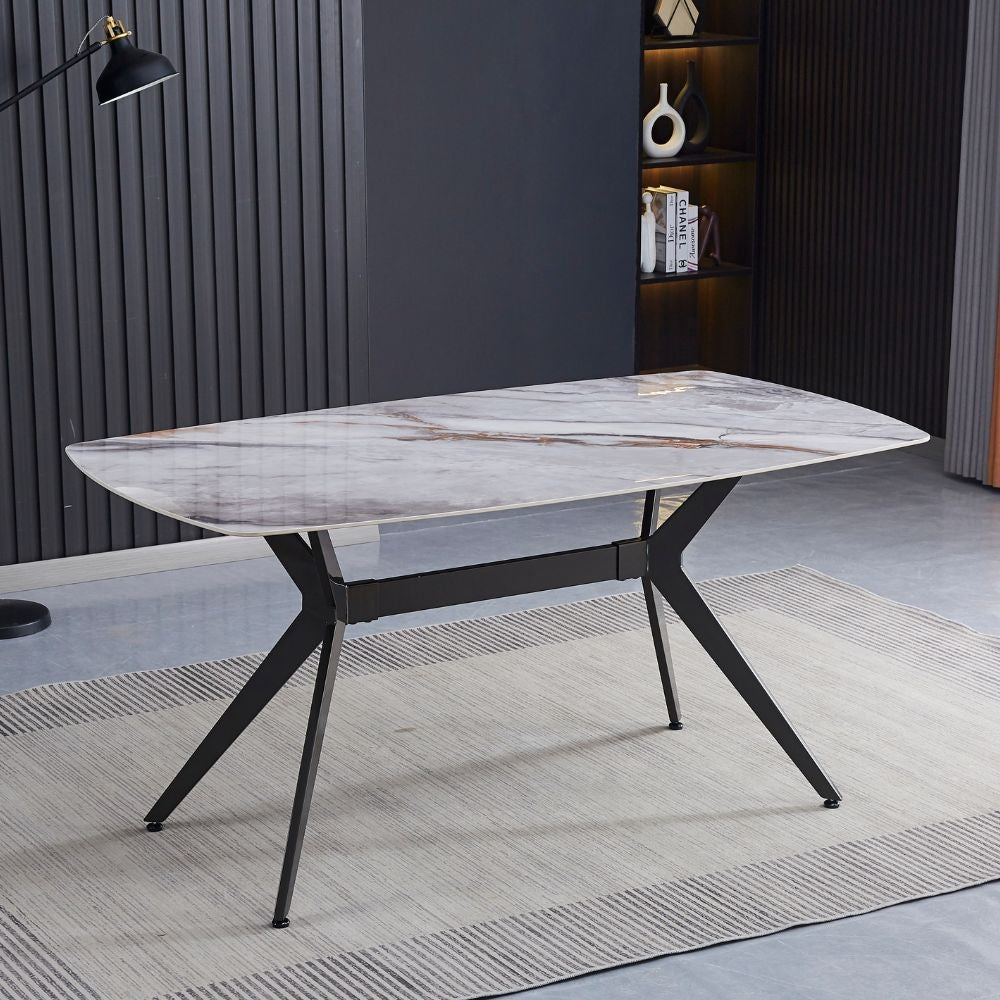 Tavolo fisso Callista con piano in ceramica effetto marmo grigio chiaro lucido