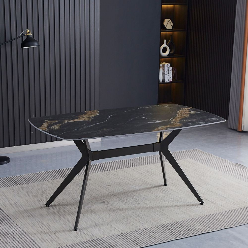 Tavolo fisso Callista con piano in ceramica effetto marmo nero opaco