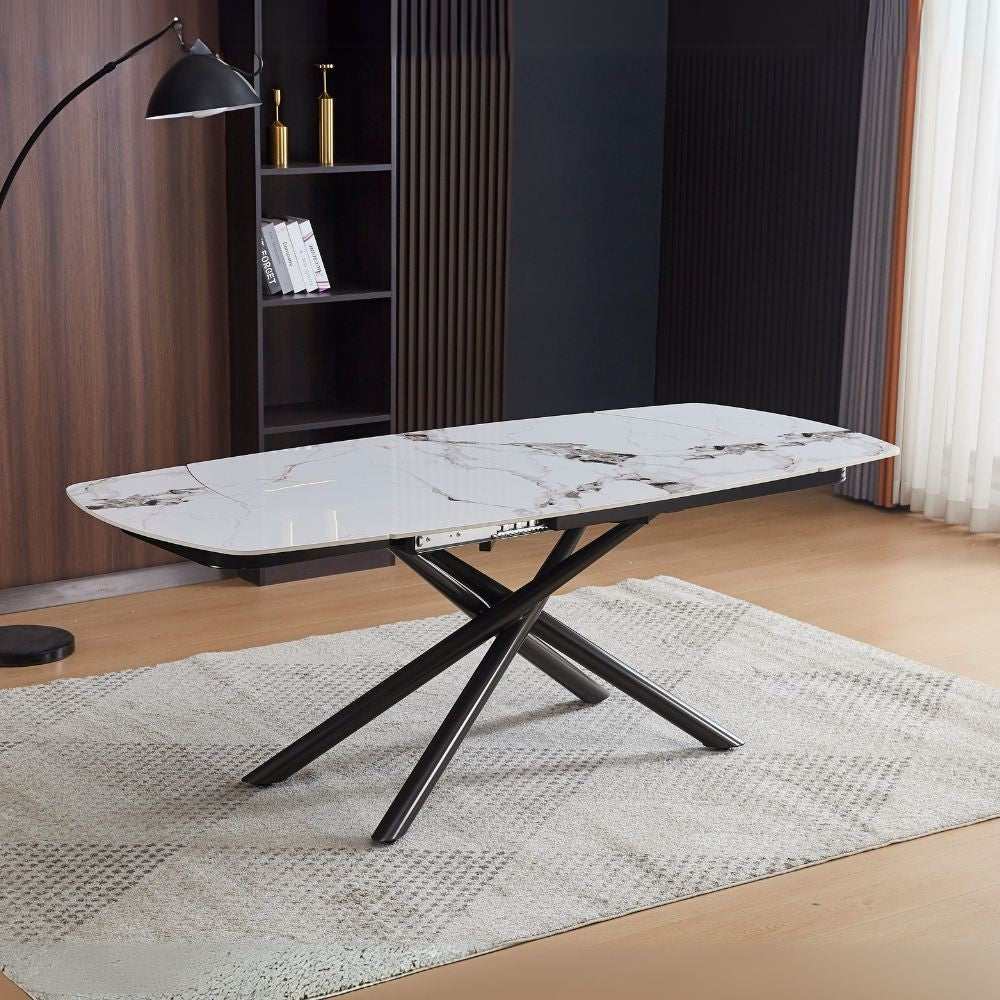 Tavolo girevole allungabile Astrid con piano in ceramica effetto marmo bianco lucido con gambe colore nero