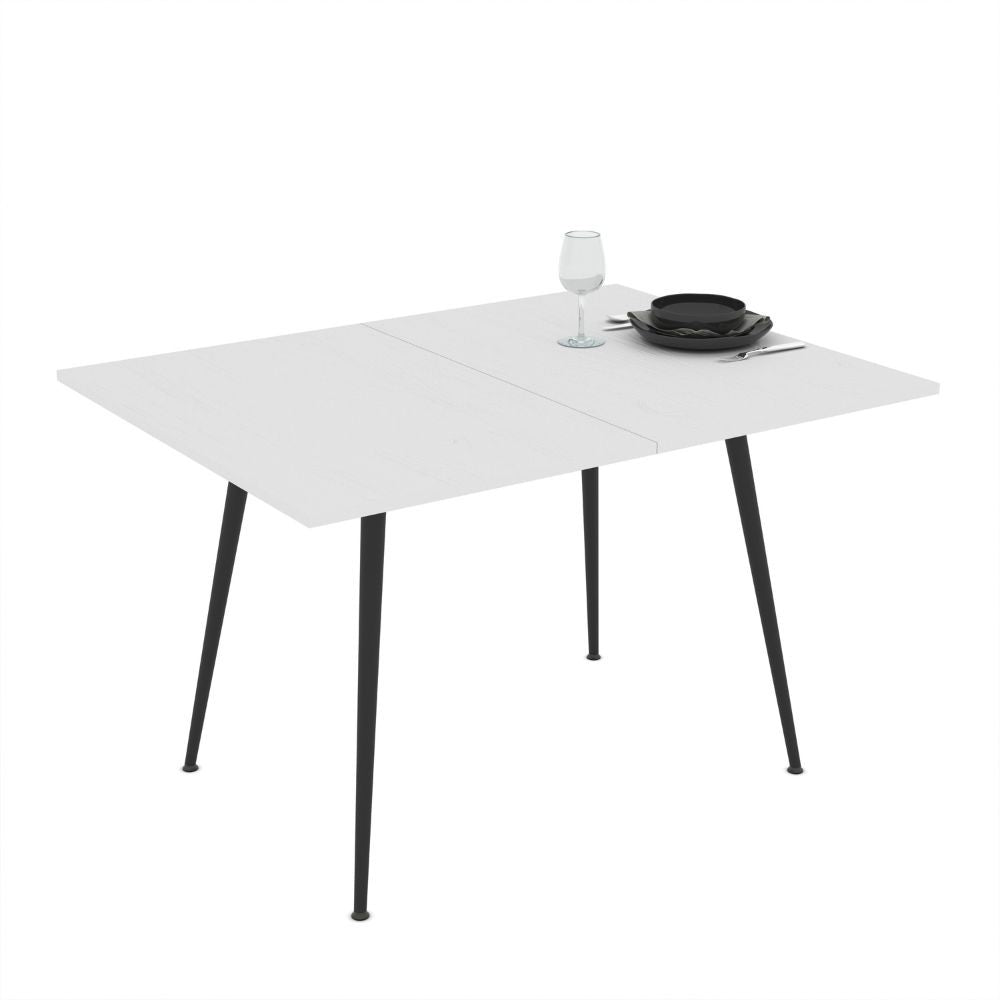 Tavolo girevole allungabile Lilis con piano colore bianco frassinato e gambe in metallo nere