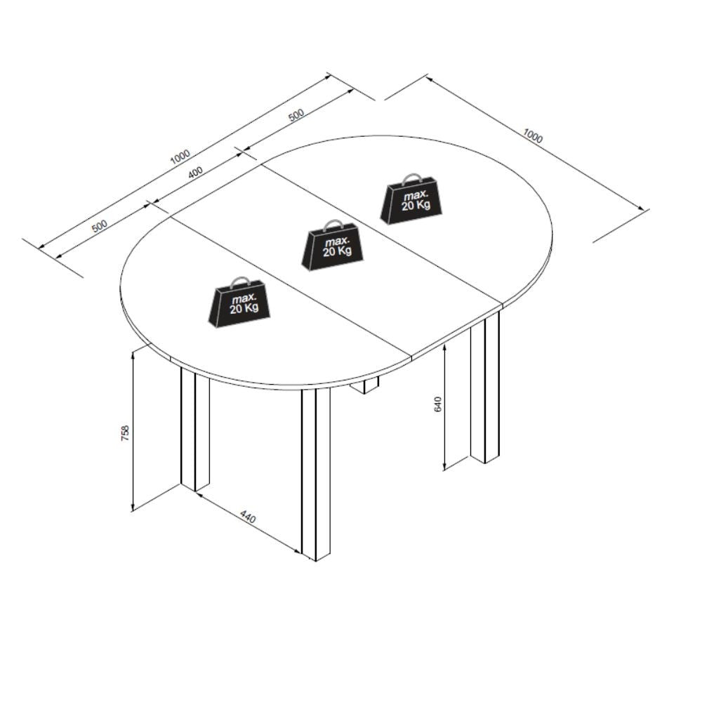 Tavolo rotondo allungabile Coburg 100 in piano quercia e struttura nera 100x76x100 cm.