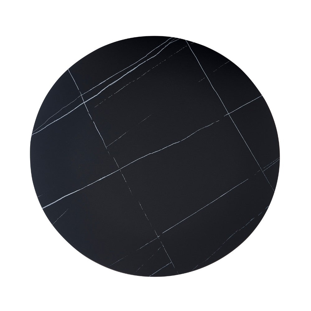 Tavolo rotondo Dot con piano in ceramica effetto marmo nero opaco con particolari oro e gamba nera