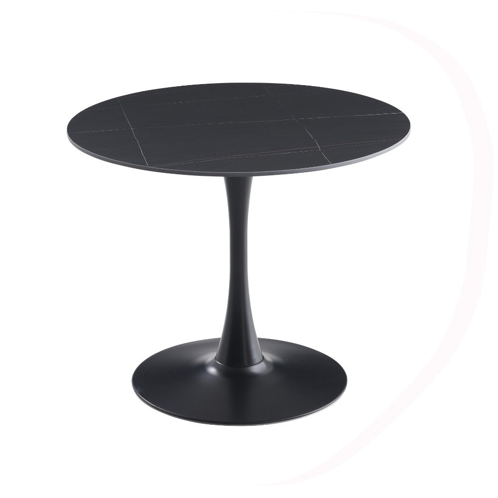 Tavolo rotondo Dot con piano in ceramica effetto marmo nero opaco con particolari oro e gamba nera