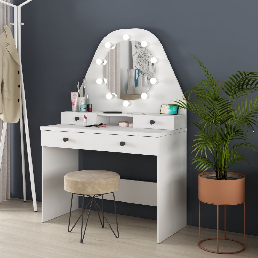 Toeletta da trucco con specchio a luci a led con doppio ripiano e 4 cassetti bianco